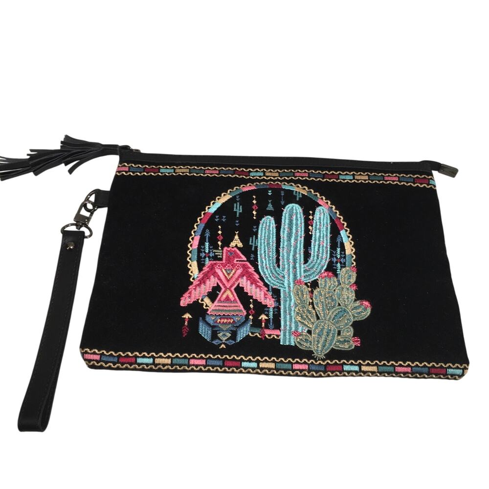 Savanna Jane Prickly Pear Cactus Phoenix Embroidered Pouch Clutch Bag 13 x 9